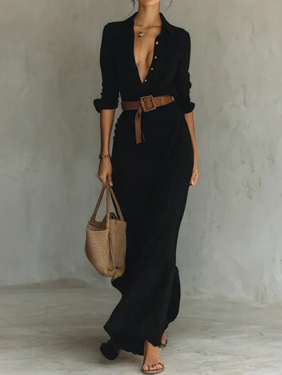 Maggy™ | Elegant Dress with Belt and Classic Lapel Collar