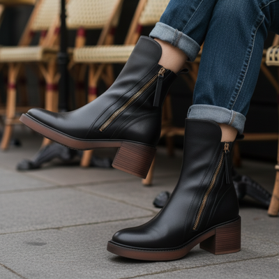 Garciel Black Leather Ankle Boots
