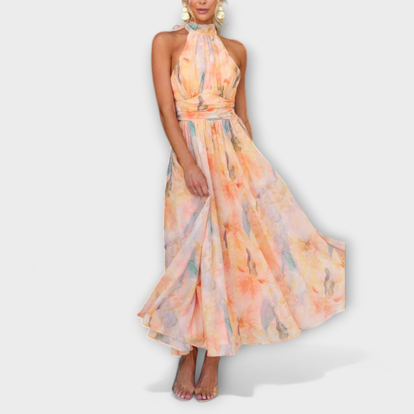 Halter-Neck Watercolour Print Maxi Dress