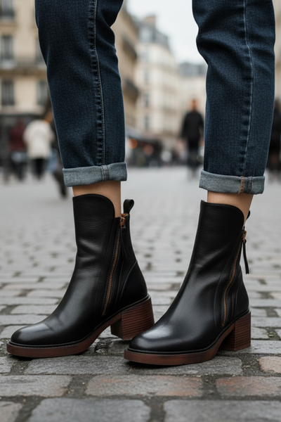 Garciel Black Leather Ankle Boots