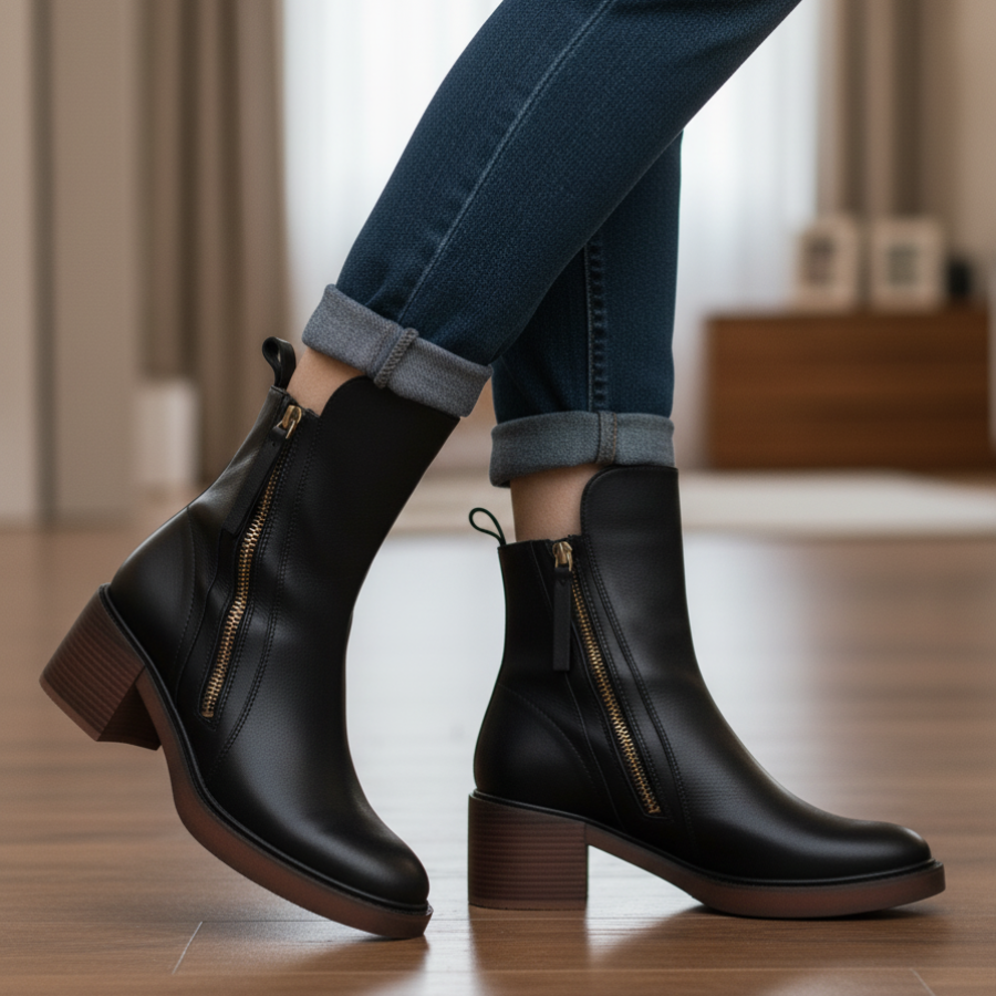 Garciel Black Leather Ankle Boots