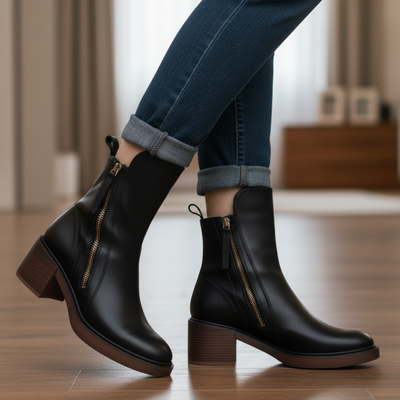 Garciel Black Leather Ankle Boots