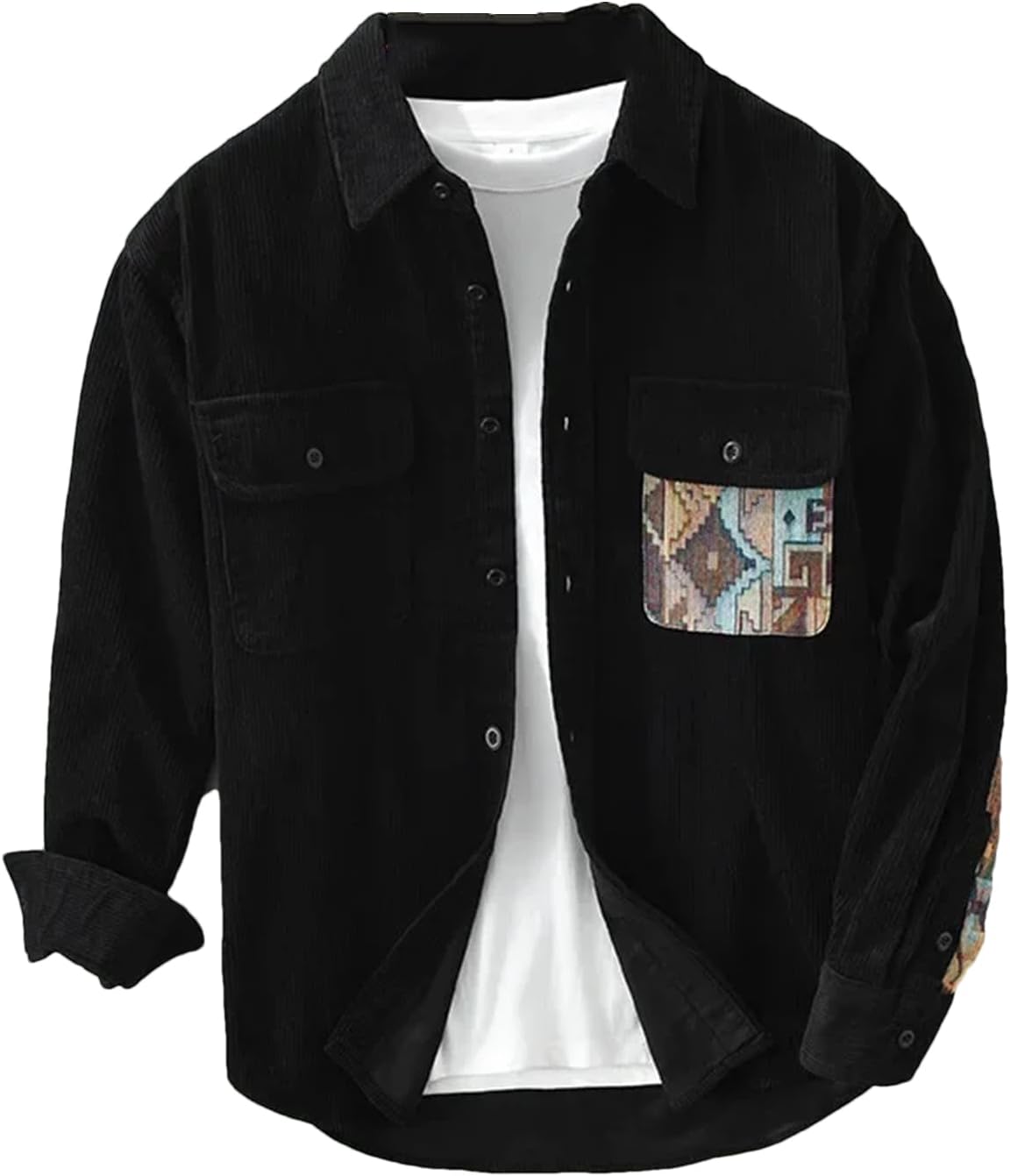 UIOKLMJH Men's Retro Outdoor Sports Long Sleeve Shirt Casual Literary Loose Patchwork Handsome Blouses with Pocket