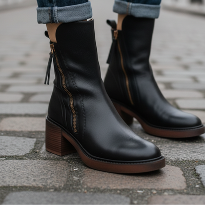 Garciel Black Leather Ankle Boots