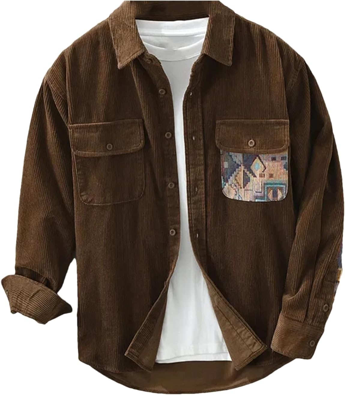 UIOKLMJH Men's Retro Outdoor Sports Long Sleeve Shirt Casual Literary Loose Patchwork Handsome Blouses with Pocket