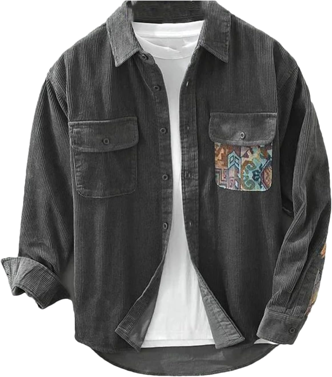 UIOKLMJH Men's Retro Outdoor Sports Long Sleeve Shirt Casual Literary Loose Patchwork Handsome Blouses with Pocket