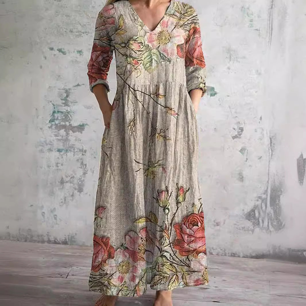Elevate your summer wardrobe with the Dearyn Floral V-Neck Dress, featuring an elegant neckline and delicate floral patterns for timeless sophistication.