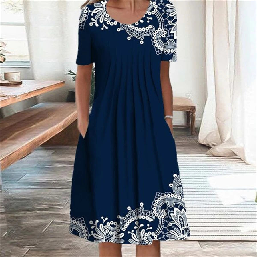 Elegant Dress for Women - Casual Temperament Dress with Short Sleeves - Loose Dresses for Weekend and Holiday